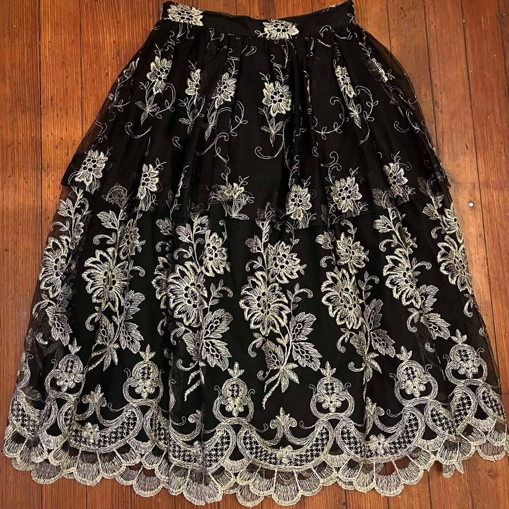 Vintage 80's Black and Gold Floral Tulle Maxi Skirt Mylesport Size 26